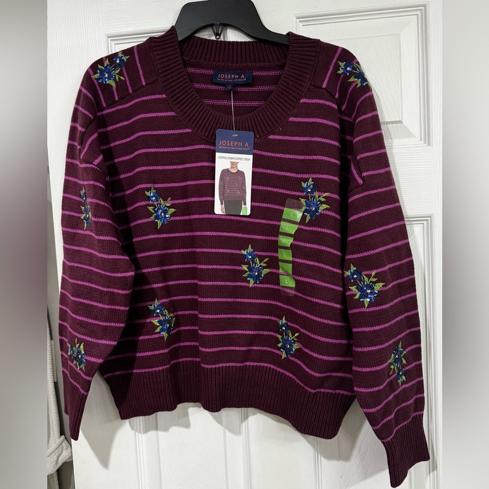 🪻🆕Joseph A. Burgundy & Pink Striped Crewneck Sweater Floral Embroidery, Large🪻